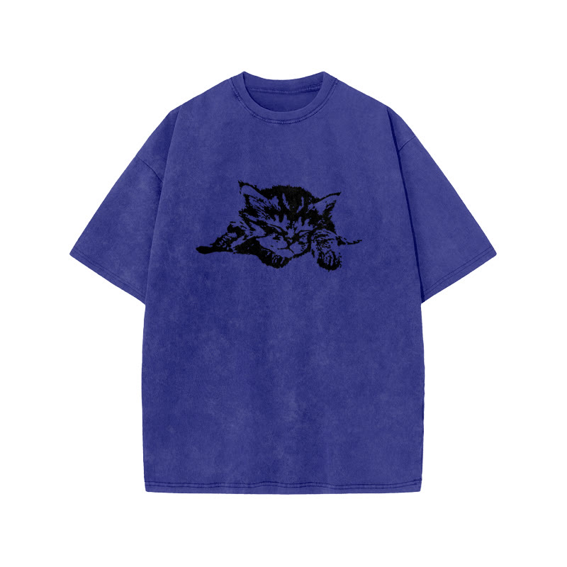 Unisex 100% Cotton Quiet Sleeping Cat Print Acid Washed T-shirt - Blue - US20-22(3XL) - image 8