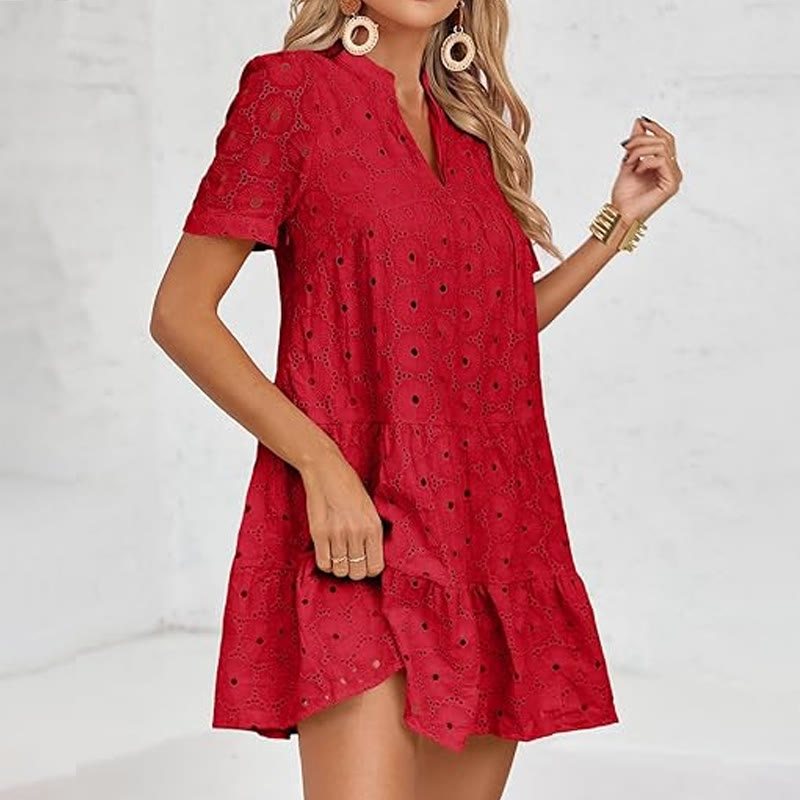 Elegant Openwork Lace Short-sleeve Babydoll Dress - Red - 2XL - image 7
