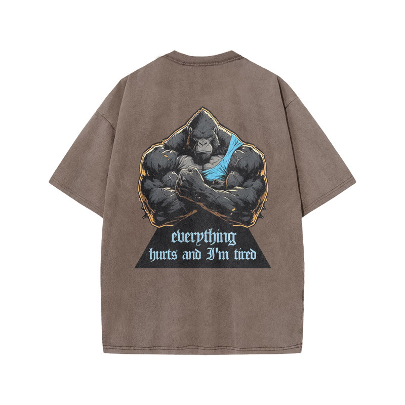 100% Cotton Everything Hurts & I'm Tired Gym Print Acid Washed T-shirt - Coffee - US20-22(3XL) - image 6