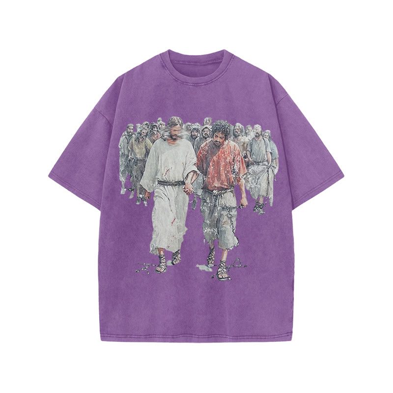 Unisex 100% Cotton Bear The Yoke Together, Suffer Together Print Acid Washed T-shirt - Purple - US20-22(3XL) - image 7