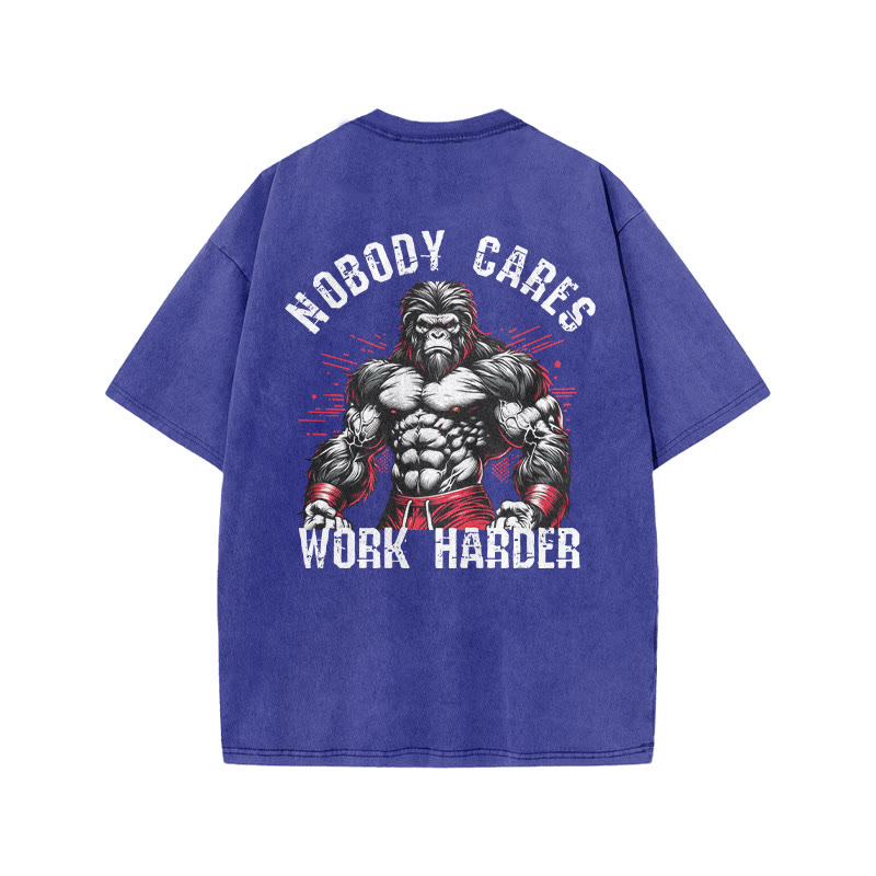 100% Cotton Nobody Cares Work Harder Gym Print Acid Washed T-shirt - Blue - US20-22(3XL) - image 8