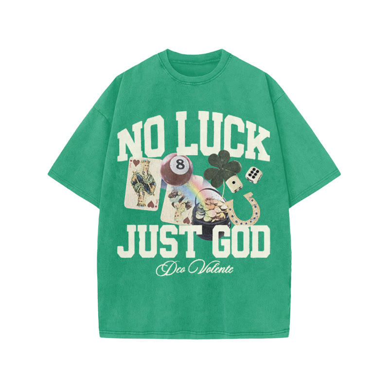 No Luck Just God Print Acid Washed T-shirt - Green - US20-22(3XL) - image 9