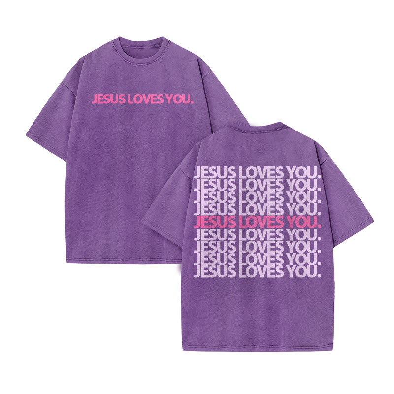 Jesus Loves You Color-blocking Print Acid Washed T-shirt - Purple - US20-22(3XL) - image 7