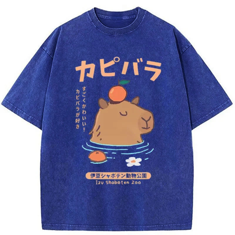 Unisex 100% Cotton Capybara Soaking In Hot Springs Print Acid Washed T-shirt