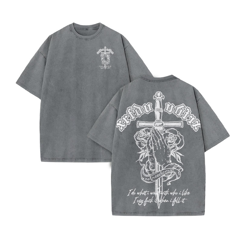 Unisex 100% Cotton Praying Hands Rose Print Acid Washed T-shirt - Grey - US20-22(3XL) - image 4