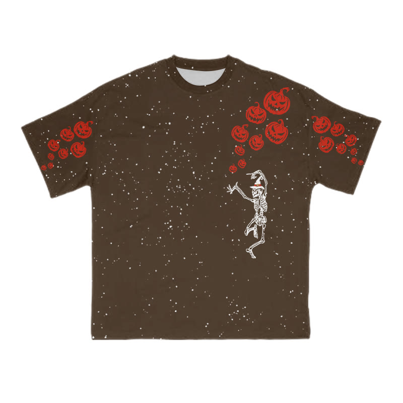 Unisex Dancing Skeleton Pumpkin Halloween Print T-shirt - Coffee - 8XL - image 6