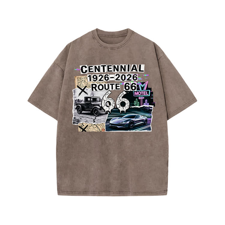 Route 66 Centennial Vintage Graphic Print Acid Washed T-shirt - Coffee - US20-22(3XL) - image 5