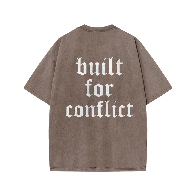 100% Cotton Built For Conflict Gym Print Acid Washed T-shirt - Coffee - US20-22(3XL) - image 5