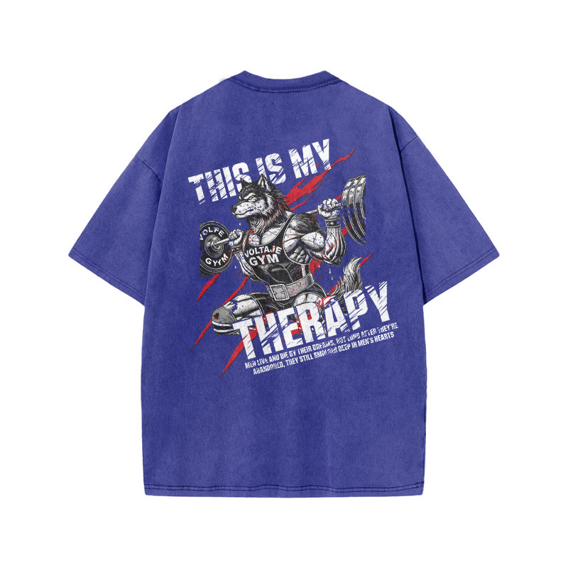 100% Cotton This Is My Therapy Gym Print Acid Washed T-shirt - Blue - US20-22(3XL) - image 7