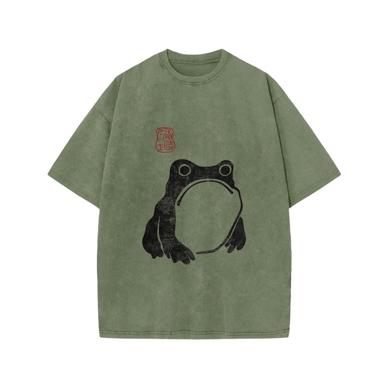 Unisex 100% Cotton Matsumoto Hoji Woodblock Print Frog Art Acid Washed T-shirt