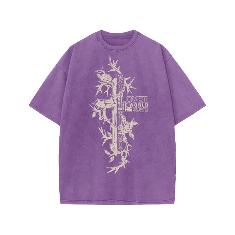 Unisex 100% Cotton Scripture Cross Design Print Acid Washed T-shirt - Purple - US20-22(3XL) - image 9