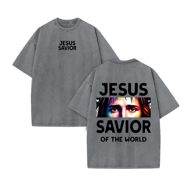 Unisex 100% Cotton Jesus Savior Print Acid Washed T-shirt - Grey - US20-22(3XL) - image 5