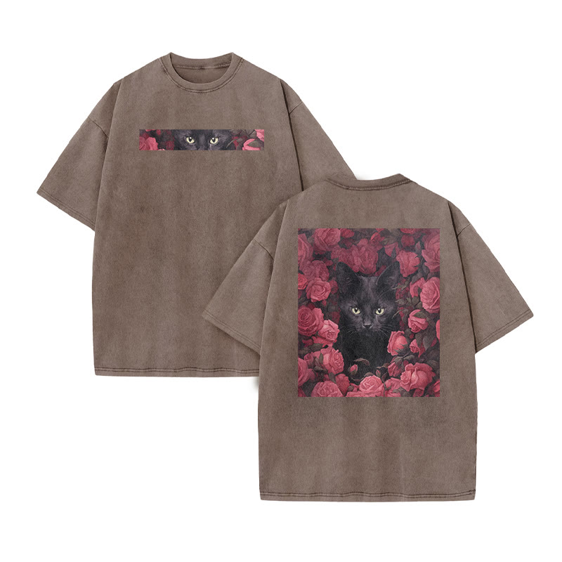 A Black Cat Hidden Among Clusters Of Magenta Roses Print Acid Washed T-shirt - Coffee - US20-22(3XL) - image 5
