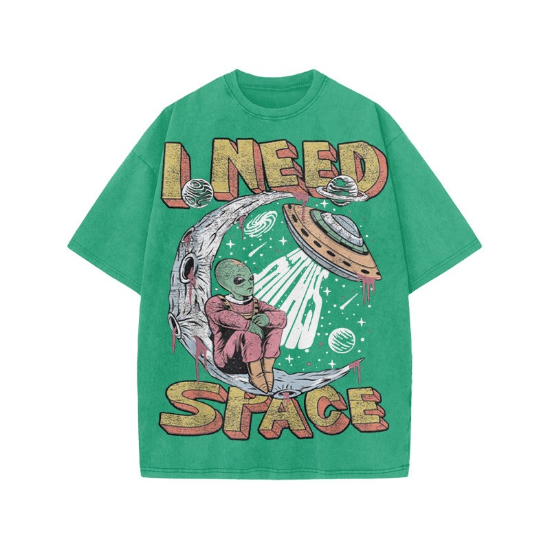 Unisex 100% Cotton I Need Space Creative Print Acid Washed T-shirt - Green - US20-22(3XL) - image 6