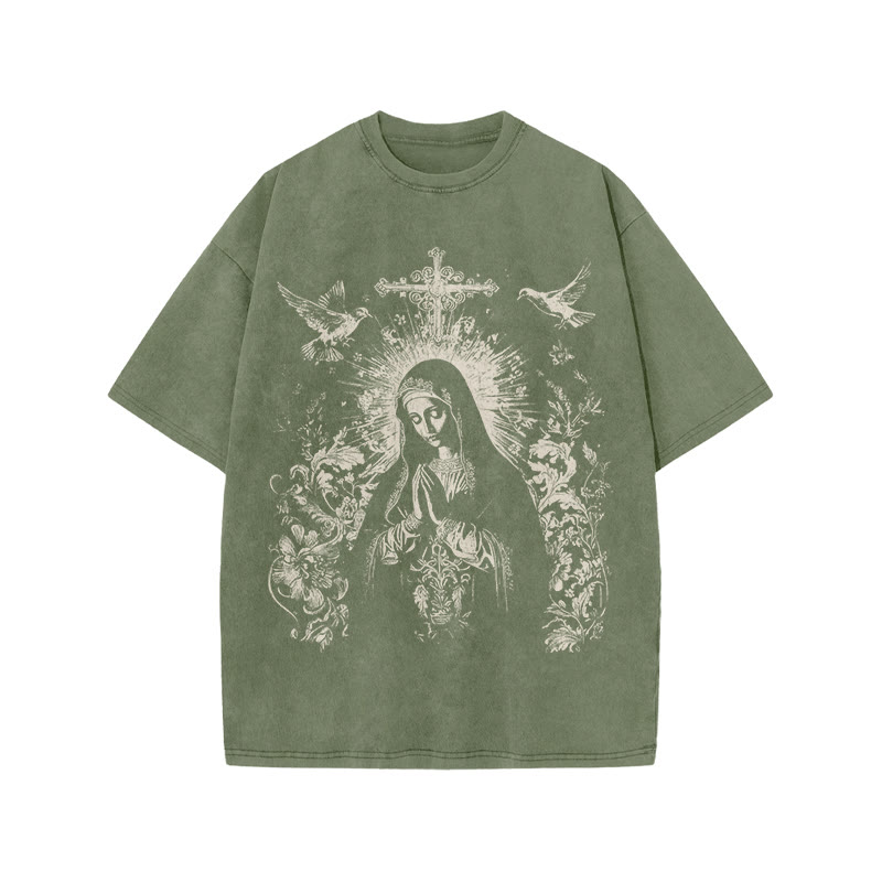 Unisex 100% Cotton Praying Virgin Mary Print Acid Washed T-shirt - Army Green - US20-22(3XL) - image 7