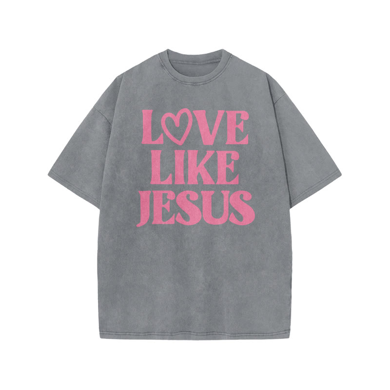 Love Like Jesus Valentine's Day Print Acid Washed T-shirt - Grey - US20-22(3XL) - image 8