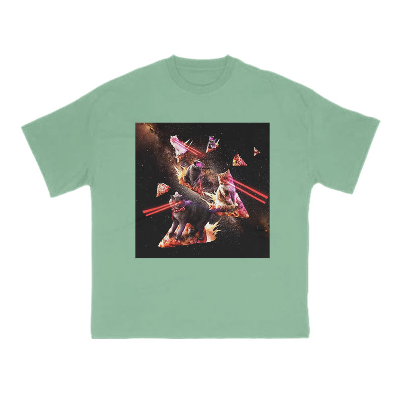 Unisex 100% Cotton Cats Driving Pizza Spaceships Print T-shirt - Green - US16-18(2XL) - image 10