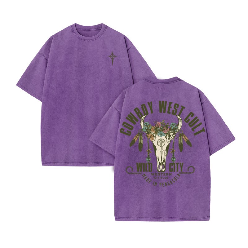 Unisex 100% Cotton COWBOY WEST CULT Western Style Print Acid Washed T-shirt