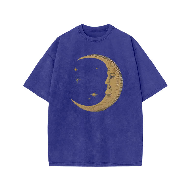 Vintage Moon Face Print Acid Washed T-shirt - Blue - US20-22(3XL) - image 6