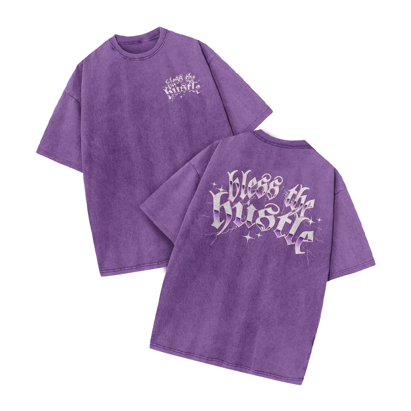 Bless The Hustle Print Acid Washed T-shirt - Purple - US20-22(3XL) - image 7