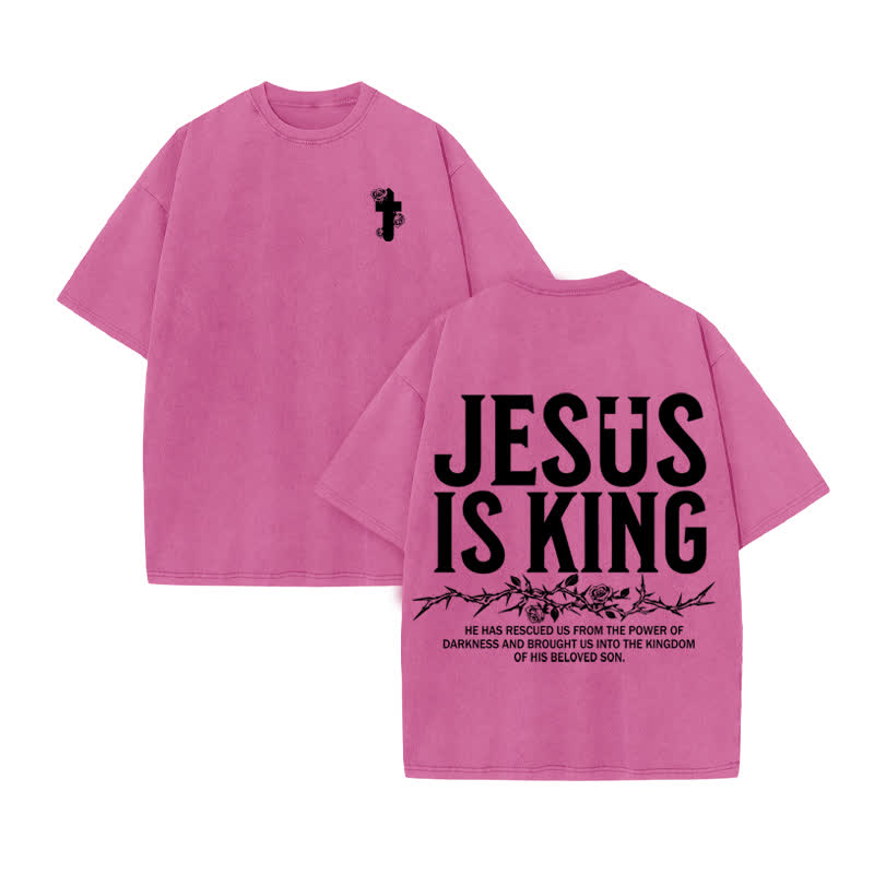 Unisex 100% Cotton Jesus Is King Flower Of Thorns Print Acid Washed T-shirt - Pink - US20-22(3XL) - image 8