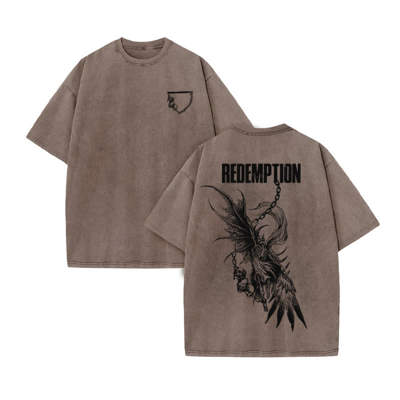Unisex Redemption Print Acid Washed T-shirt - Coffee - US20-22(3XL) - image 4