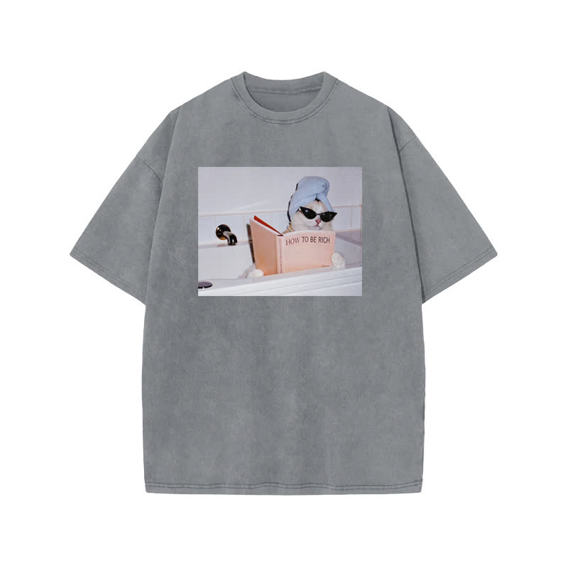 Unisex 100% Cotton How To Be Rich Print Acid Washed T-shirt - Grey - US20-22(3XL) - image 4