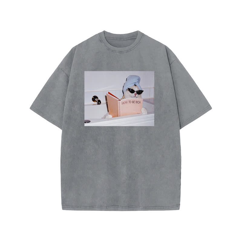 Unisex 100% Cotton How To Be Rich Print Acid Washed T-shirt - Grey - US20-22(3XL) - image 4