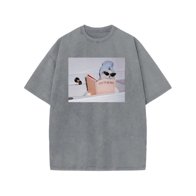 Unisex 100% Cotton How To Be Rich Print Acid Washed T-shirt - Grey - US20-22(3XL) - image 4