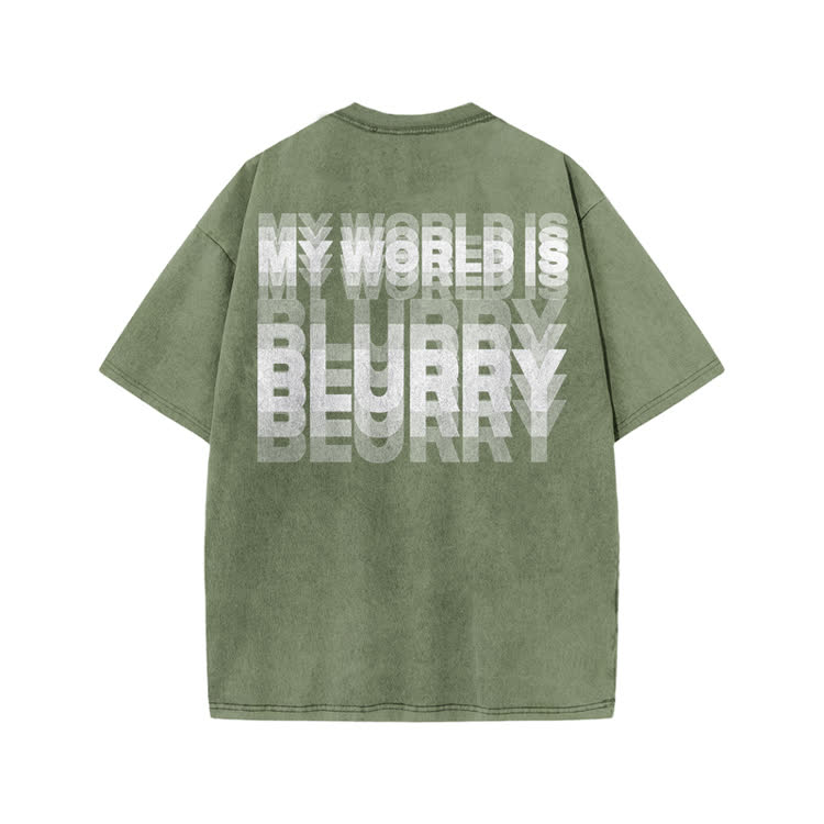 My World Is Blurry Print Acid Washed T-shirt - Army Green - US20-22(3XL) - image 5
