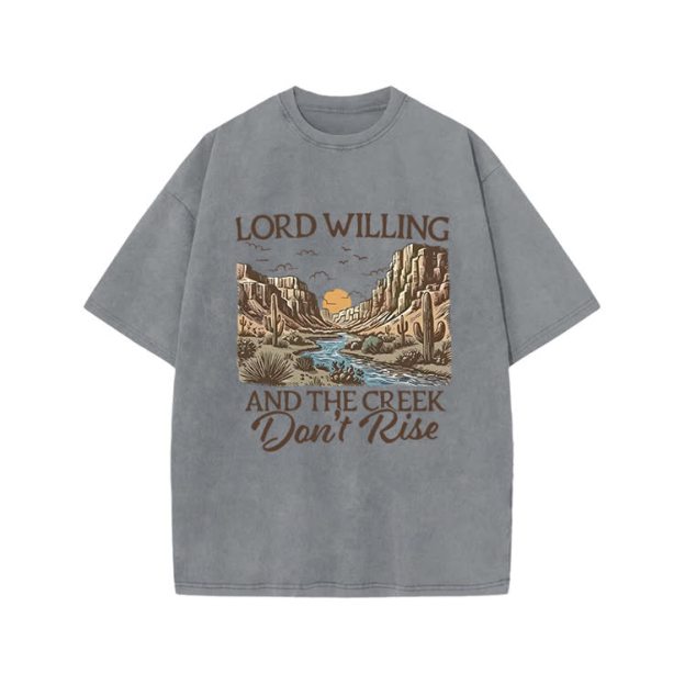Lord Willing And The Creek Don't Rise Western Style Print Acid Washed T-shirt - Grey - US20-22(3XL) - image 4