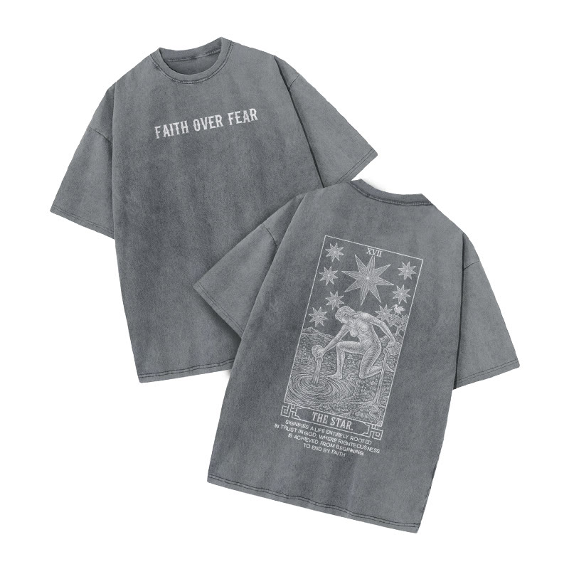 Faith Over Fear Tarot The Star Print Acid Washed T-shirt - Grey - US20-22(3XL) - image 4