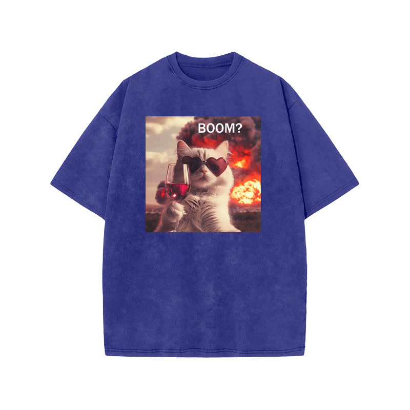 Unisex 100% Cotton Elegant And Calm Cat Print Acid Washed T-shirt - Blue - US20-22(3XL) - image 8