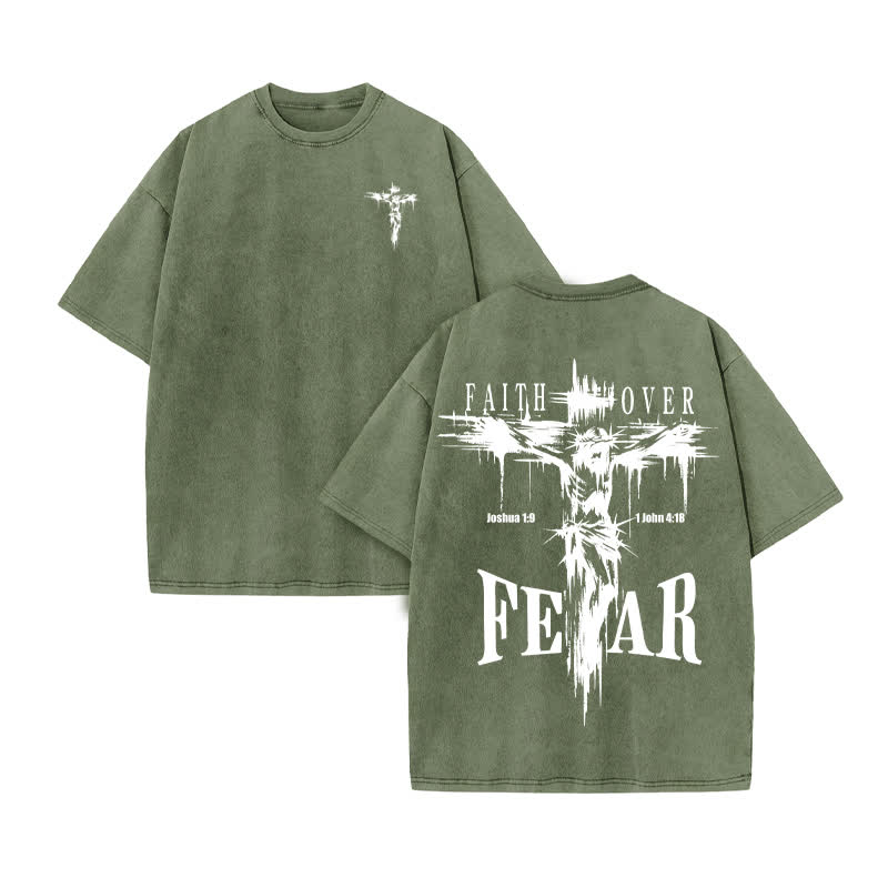 Unisex Faith Over Fear Print Acid Washed T-shirt - Army Green - US20-22(3XL) - image 6