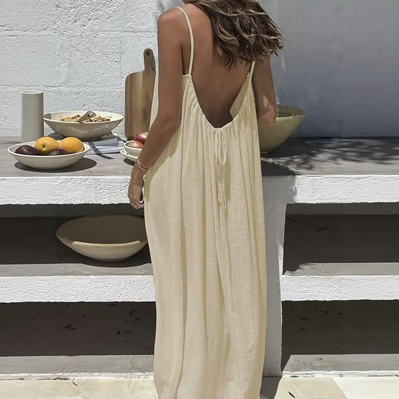 Loose Solid Color Adjustable Tie Strap Vacation Dress - Apricot - 5XL - image 8