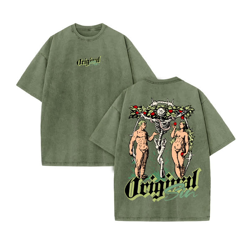 Unisex 100% Cotton Original Sin Print Acid Washed T-shirt - Army Green - US20-22(3XL) - image 6