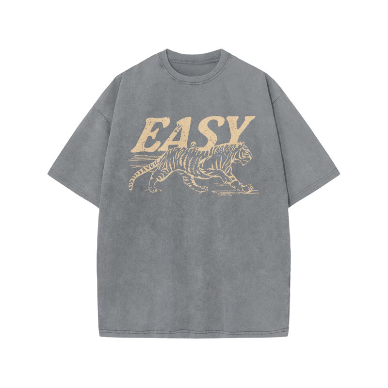 Unisex 100% Cotton Easy Tiger Print Acid Washed T-shirt