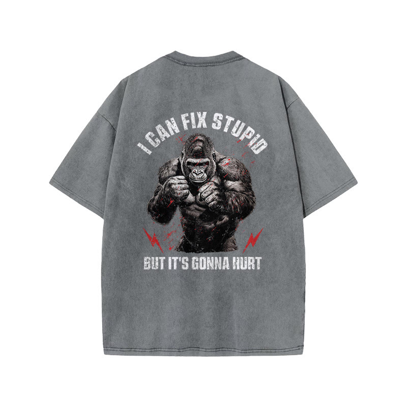 100% Cotton I Can Fix Stupid Gym Print Acid Washed T-shirt - Grey - US20-22(3XL) - image 3