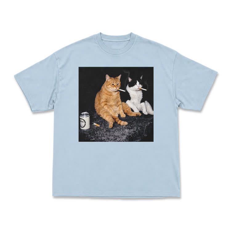 Vintage Smoking Cats Graphic T-Shirt - Light Blue - US16-18(2XL) - image 8