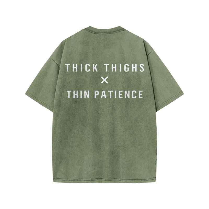 100% Cotton Thick Thighs X Thin Patience Gym Print Acid Washed T-shirt - Army Green - US20-22(3XL) - image 7