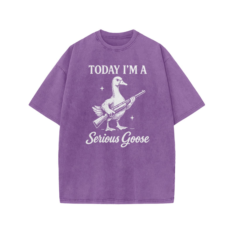 Today I'm A Serious Goose Print Acid Washed T-shirt - Purple - US20-22(3XL) - image 8