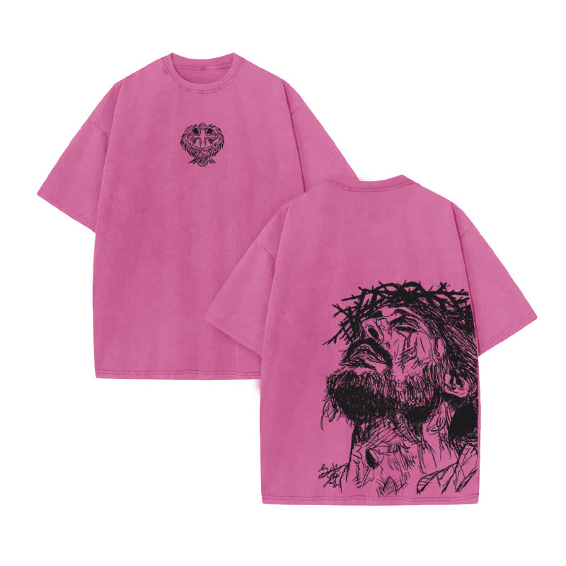 Unisex 100% Cotton Jesus Saves Hand Drawn Print Acid Washed T-shirt - Pink - US20-22(3XL) - image 8
