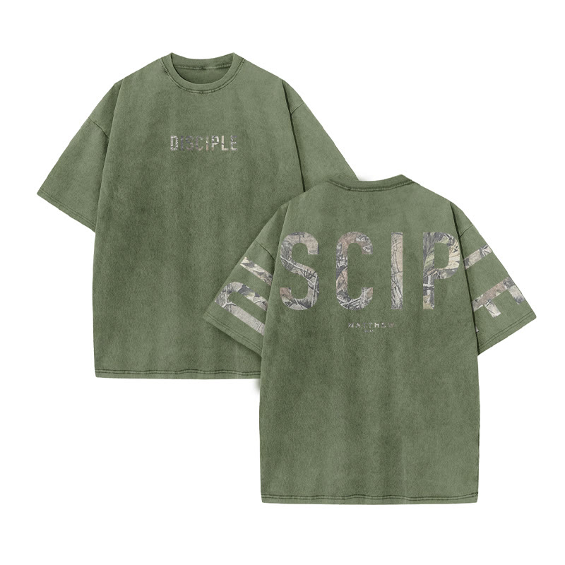 Disciple Matthew 28:19 Dead Leaves Camouflage Print Acid Washed T-shirt - Army Green - US20-22(3XL) - image 6