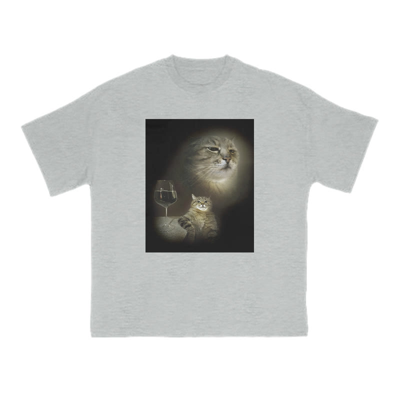 Unisex 100% Cotton Cat And Wine Print T-shirt - Grey - US20-22(3XL) - image 3