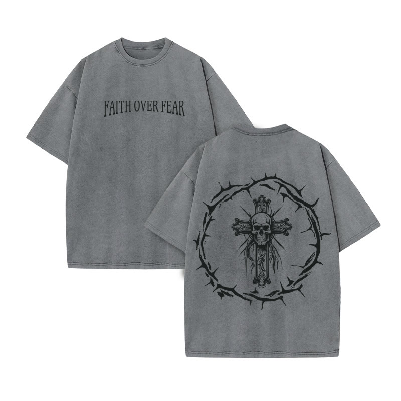 Unisex 100% Cotton Faith Over Fear Print Acid Washed T-shirt - Grey - US20-22(3XL) - image 6