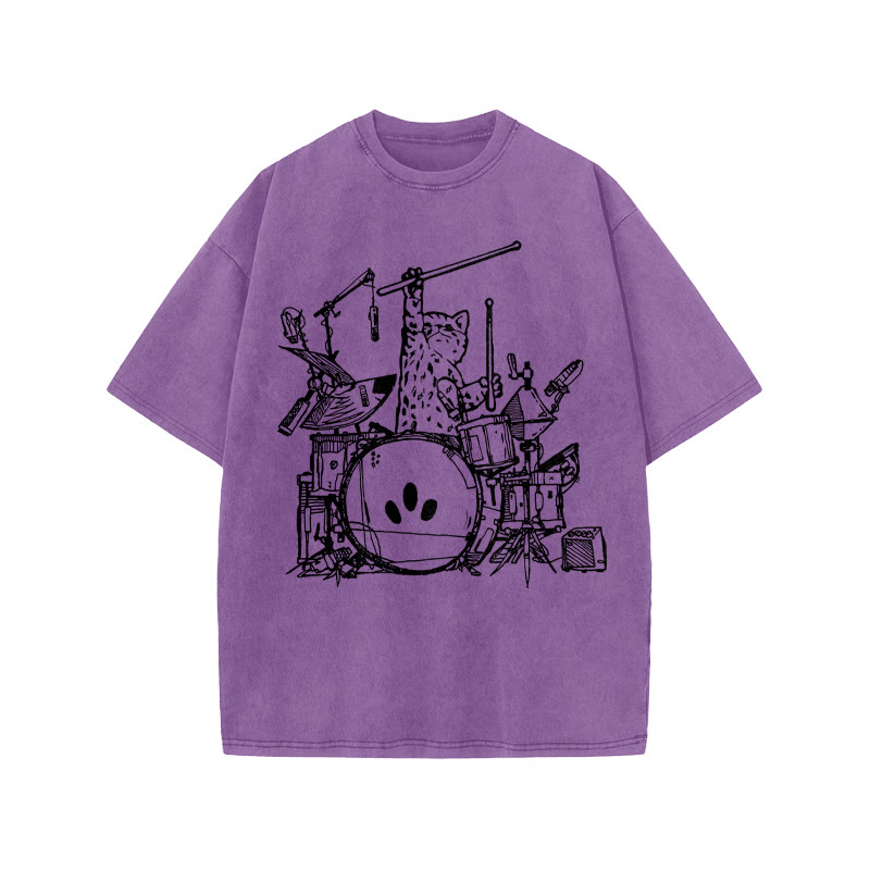 Unisex 100% Cotton Rock Cat Print Acid Washed T-shirt - Purple - US20-22(3XL) - image 9