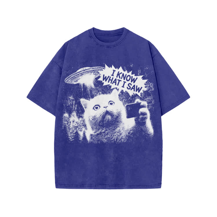 Sci Fi UFO Cat Graphic Washed T-Shirt - Blue - US20-22(3XL) - image 6