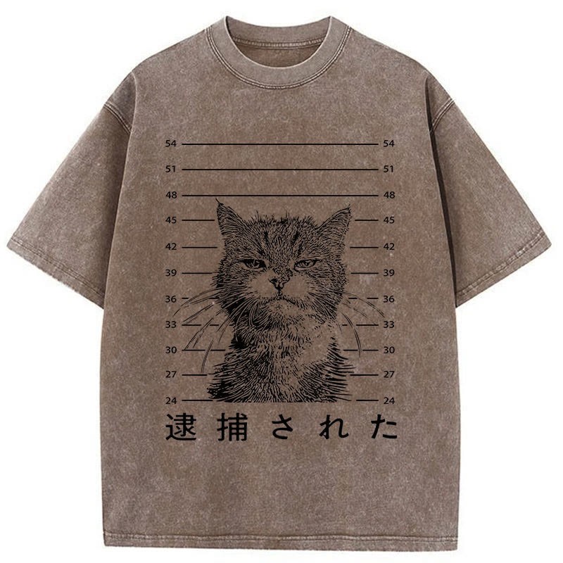 Unisex 100% Cotton Cat That Was Arrested Print Acid Washed T-shirt