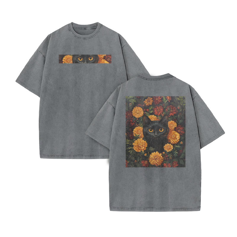 A Black Cat In A Field Of Chrysanthemums Print Acid Washed T-shirt - Grey - US20-22(3XL) - image 4