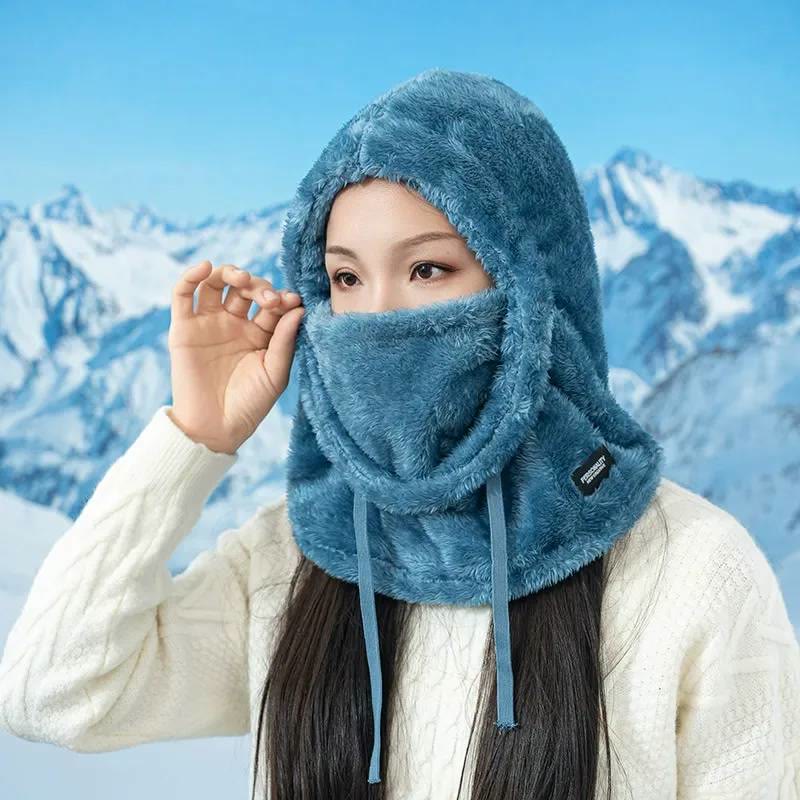 Fuzzy Thermal Drawstring Windproof Full-face Pullover Hood - Blue - one size - image 6